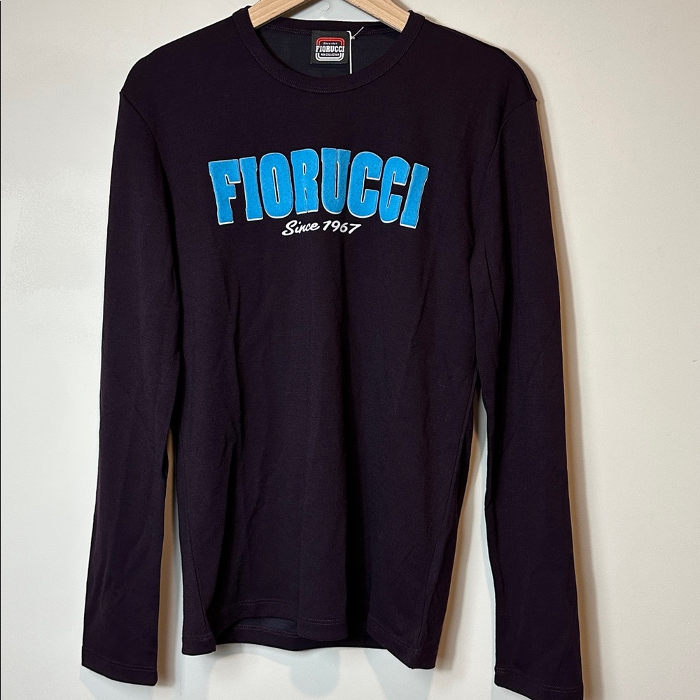 Fiorucci Men’s Navy Flocked Wool Blend Logo Long Sleeve T-Shirt NWT Size Large